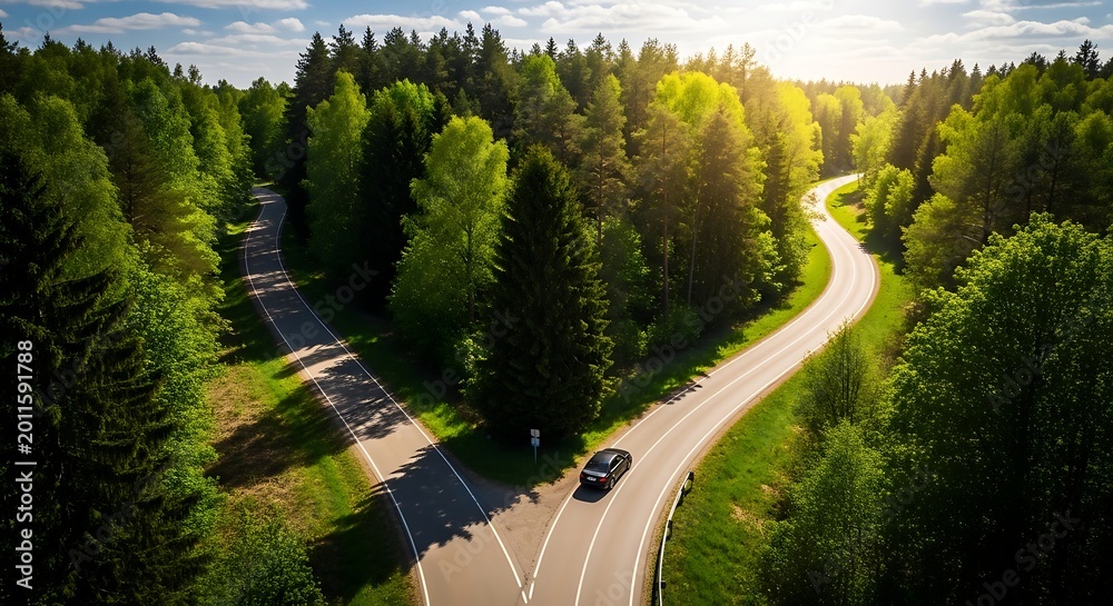 Obraz premium Winding Forest Road Fork, Car Driving Towards Sunlit Horizon
