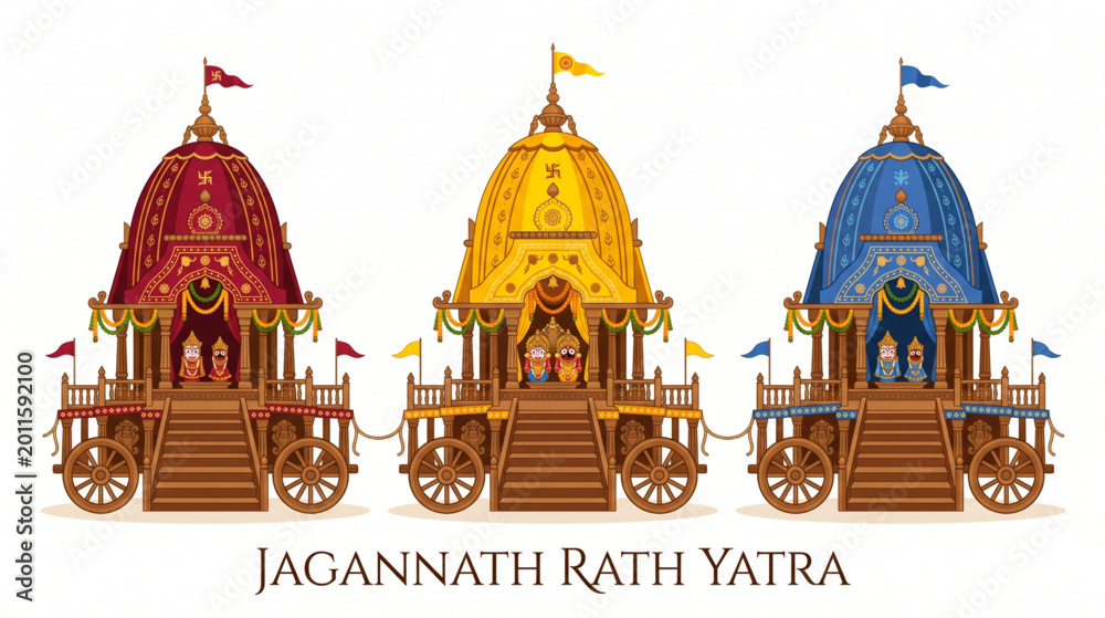 Obraz premium Jagannath rath yatra vector illustration with three traditional chariots isolated on white background for Hindu festival marketing poster 