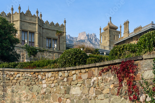 Foto Stone wall covered with vibrant red foliage of wild grapes and green shrubs
