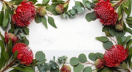 Vibrant Red Protea Flowers and Eucalyptus Leaves Arranged As Botanical Border on White Background