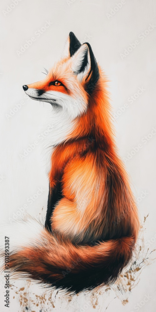 Fototapeta premium A fox is sitting on the ground with its tail up. The fox is orange and white. The fox is looking at the camera