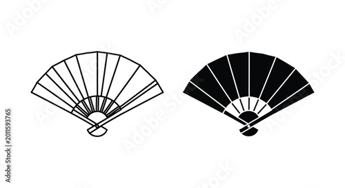 Traditional folding fan icon set in outline and solid black graphic style for elegant accessory and oriental culture design elements
