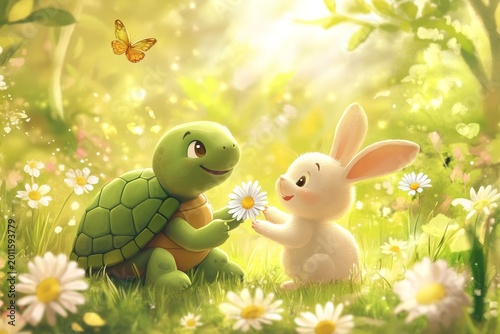 Turtle and a rabbit are in a field of flowers. The turtle is holding a daisy in its mouth
