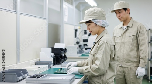 精密機器と電子部品の製造業で働く日本人の20代30代男女作業員が、工場内の作業台で基板の組み立てと検査をしている様子、背景に顕微鏡や部品トレイが配置された構図