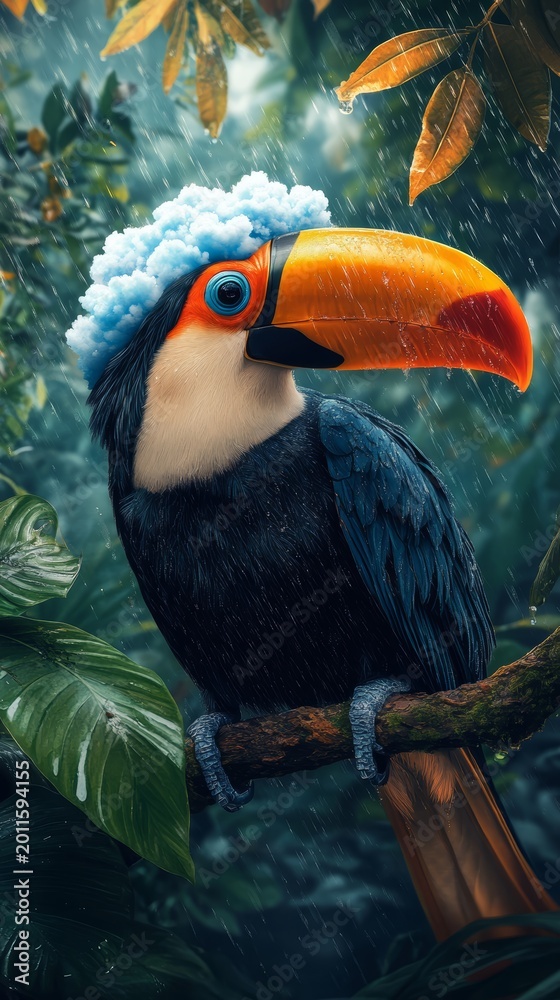 Fototapeta premium A colorful bird with a blue cap on its head is perched on a tree branch