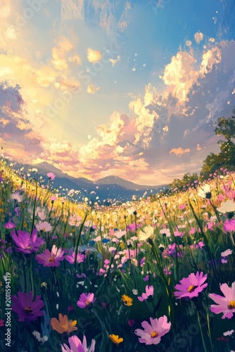 A breathtaking view of a vibrant flower field in full bloom under a sunny sky at dawn, with mountains in the distance, showcasing nature's beauty.