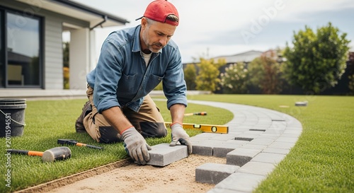 Handyman installing grey pavers on a residential outdoor pathway with precision tools