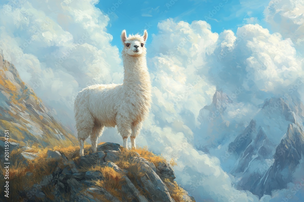 Fototapeta premium A majestic white alpaca stands proudly on a rocky peak surrounded by fluffy clouds. The serene landscape captures the beauty of nature and wildlife.