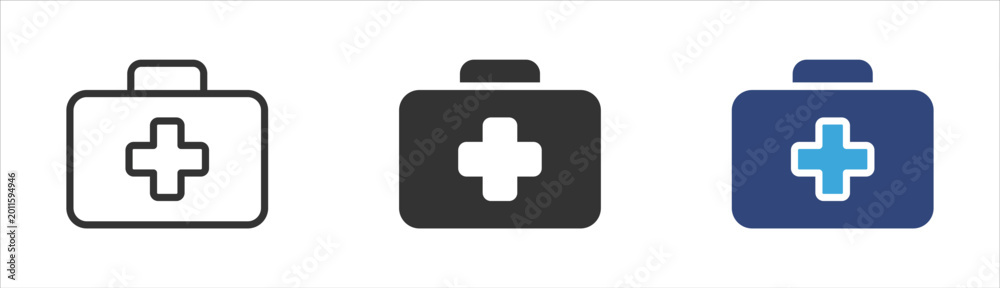 Obraz premium Medical kit icons set, First aid box symbols, Healthcare emergency icons, Doctor bag vector icons