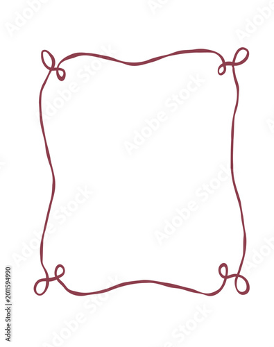 Elegant Hand-Drawn Dark Red Decorative Border with Looped Corners and Wavy Lines on White Background