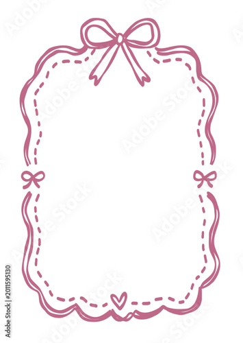 Hand-drawn Pink Scalloped Frame with Bows and Heart Detail, Cute Whimsical Decorative Border for Label or Invitation