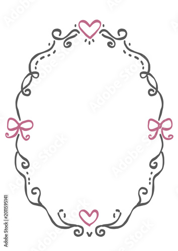 Elegant hand-drawn oval frame with pink hearts and bows, whimsical doodle border for invitations and scrapbooking