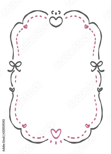 Hand-drawn vertical frame with cute pink hearts, grey bows, and dashed decorative lines