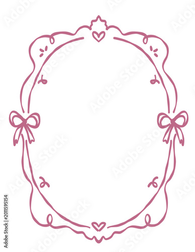 Hand-Drawn Pink Oval Decorative Frame with Bows and Hearts, Whimsical Vector Border for Invitations