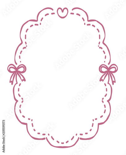 Cute Pink Hand-Drawn Scalloped Oval Frame with Heart and Bows Decorative Border