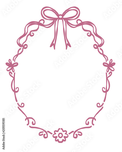 Elegant Hand Drawn Pink Oval Frame with Ribbon Bow and Floral Flourishes