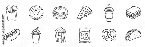 Fotografie Fast food outline icon set with burger pizza coffee hotdog popcorn chips taco an