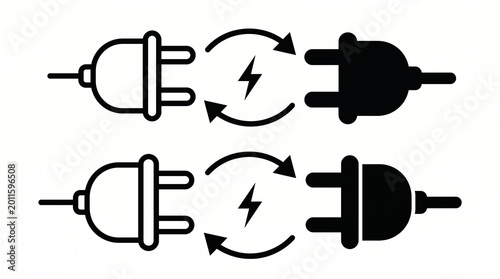 Two pairs of electrical plug icons, outlined and solid black, facing each other, symbolizing connectivity and power transfer.