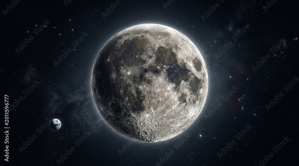 Obraz premium A stunning high-resolution photograph of the Moon, showcasing its craters and surface details against the dark expanse of space with a distant planet visible