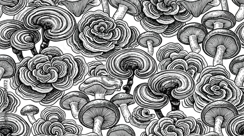 Mushrooms in a dense grayscale cluster.