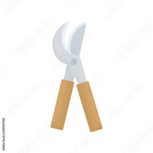 Vector illustration of pruning shears (secateur) in clean flat style. Garden tool with ergonomic handles and sharp blades, isolated on white background. Modern minimal design with clear shapes 