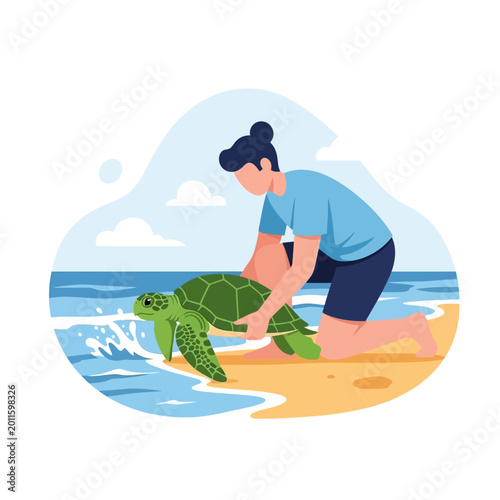Person helping sea turtle return to ocean waves on sandy beach, conservation concept