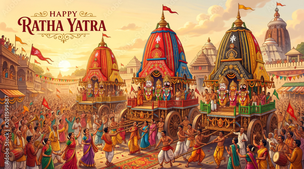 Obraz premium Lord Jagannath rath yatra vector illustration with four chariots and dancing devotees in Puri street under golden sun rays for festival banner 