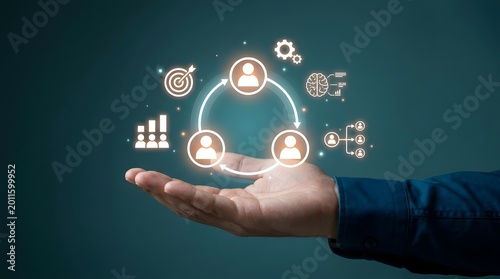 Businessman hand displaying a glowing holographic circular process icon representing team collaboration and continuous workflow improvement strategy.