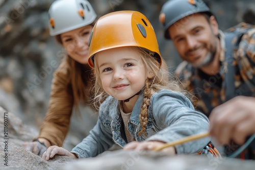 Young girl rock climbing with family, guided by parents