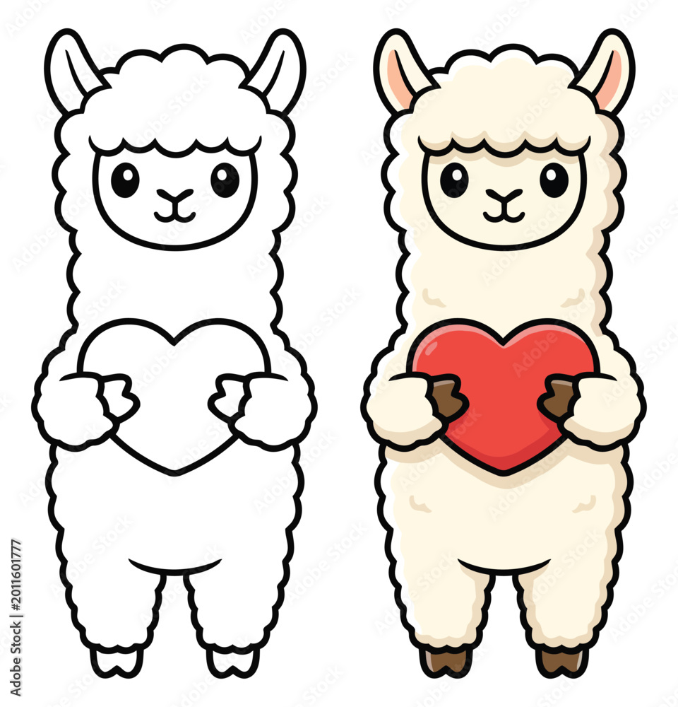 Obraz premium Alpaca characters feature a cute standing fluffy llama holding a red heart for this lovely coloring page