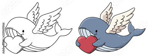 Bild auf Leinwand Whale cupid features a cute flying aquatic mammal holding a red heart for a love
