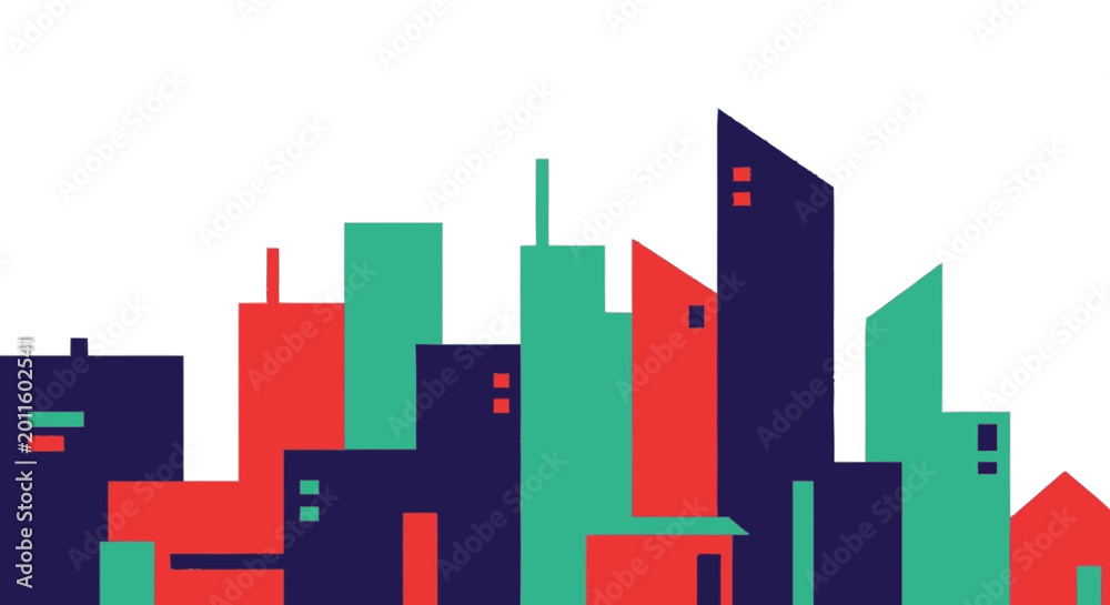 Naklejka premium Minimalist colorful city skyline with geometric buildings on white background
