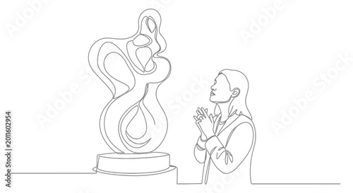Fotografía Woman admiring abstract sculpture, single line art, minimalist, artistic appreci