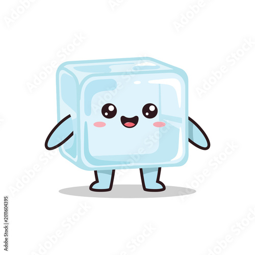 Smiling cartoon ice cube character standing.