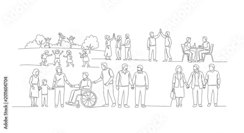 Diverse people illustration: families, friends, elderly, disabled, children playing outdoors