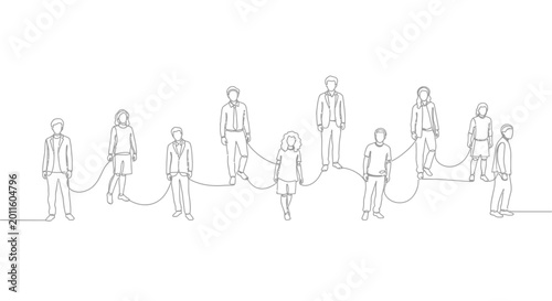 Diverse people connected in a line, social network concept, minimalist line art.