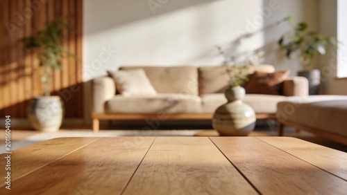 “Blurred modern living room interior with strong depth of field effect, focus on empty wooden tabletop surface in the foreground, background intentionally out of focus showing a warm beige sofa with c
