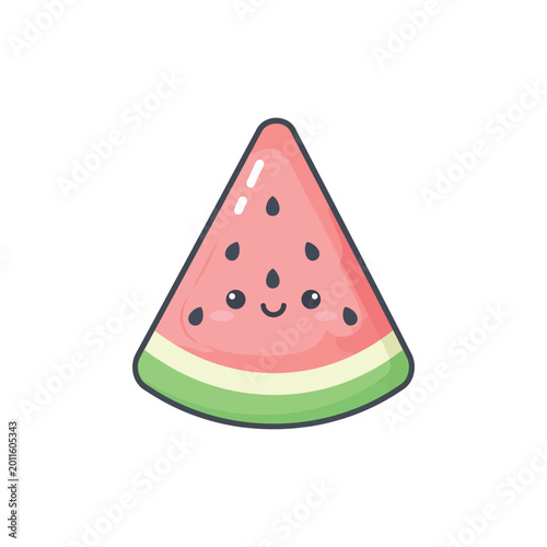 Fotografi Cartoon Watermelon Slice with Smiling Face.