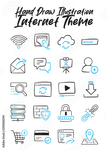 Set of hand-drawn internet icons including wifi, cloud, security, e-commerce, and social media doodles. Sketchy vector illustrations for web, technology, and digital marketing themes
