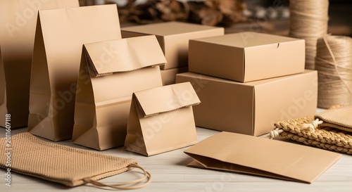 stack of empty brown cardboard boxes on wooden table with natural light for packaging and shipping
