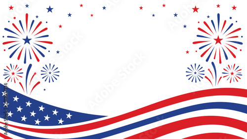 Patriotic fireworks background with american flag waves