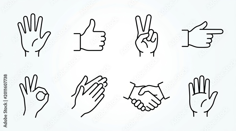 Fototapeta premium Collection of diverse hand gesture icons representing communication and agreement