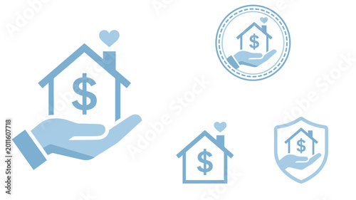 Hand holding dollar bill with house and financial security icons on light blue background