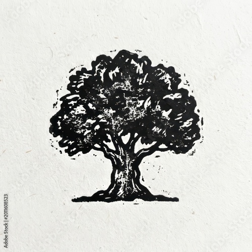 Bold linocut illustration of a majestic, mature oak tree with a strong trunk and full canopy.