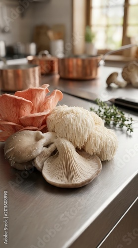 Assortment of gourmet mushrooms on kitchen counter