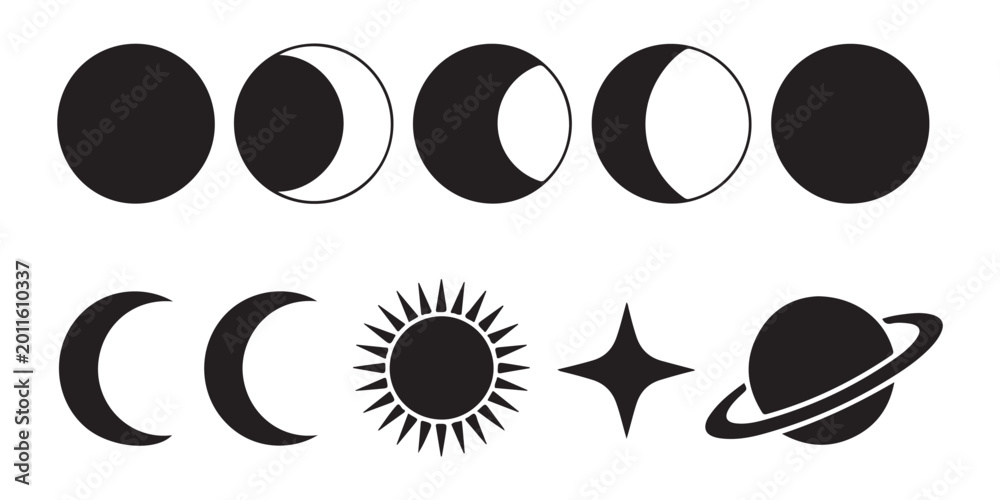Fototapeta premium Set of isolated black vector icons of moon phases, crescent moon, sun, star, and saturn planet.