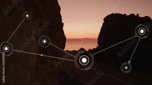White HUD node appearing, nodes expanding and linking across canyon, showing vehicle approach