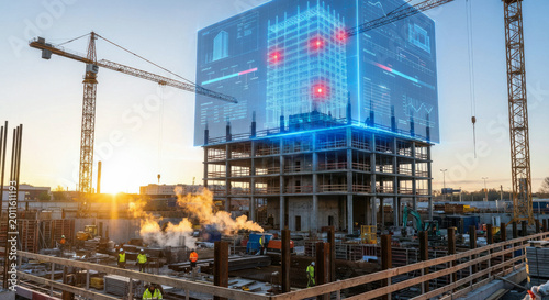 Smart construction site with glowing holographic digital twin building interface at sunset