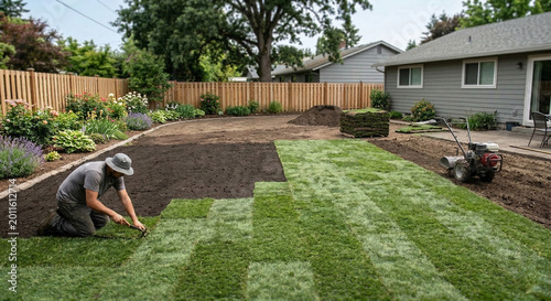 Professional landscaper installing fresh green sod in residential backyard.