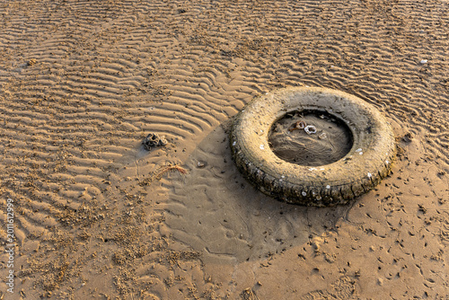 Cuadro en lienzo Old discarded tire partially buried in ribbed wet sand on an empty Thailand sea